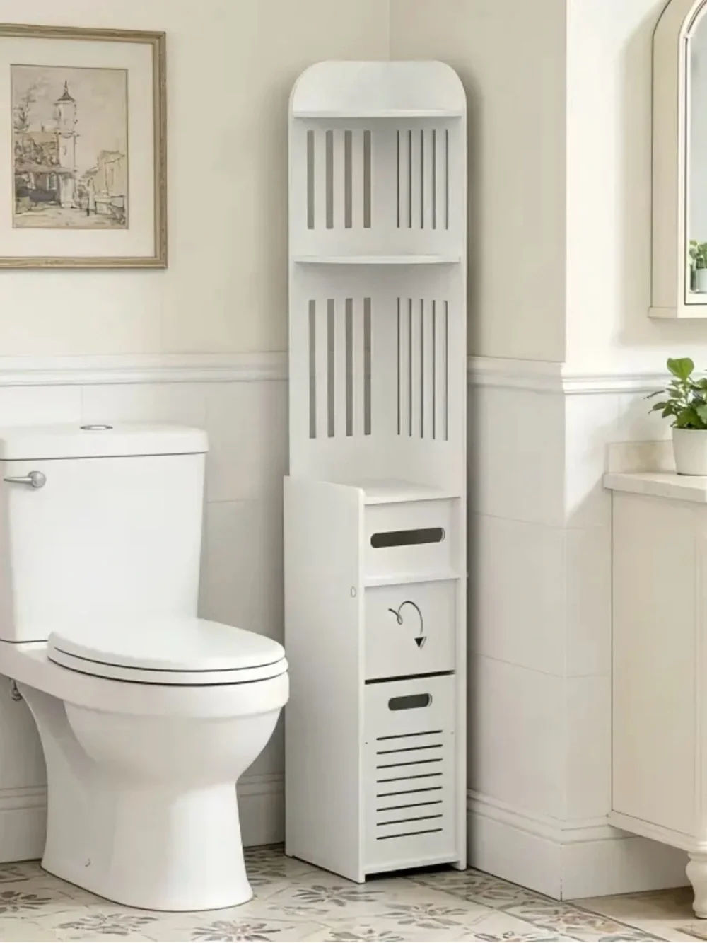 Slim White Bathroom Storage Tower with Shelves and Drawer - White